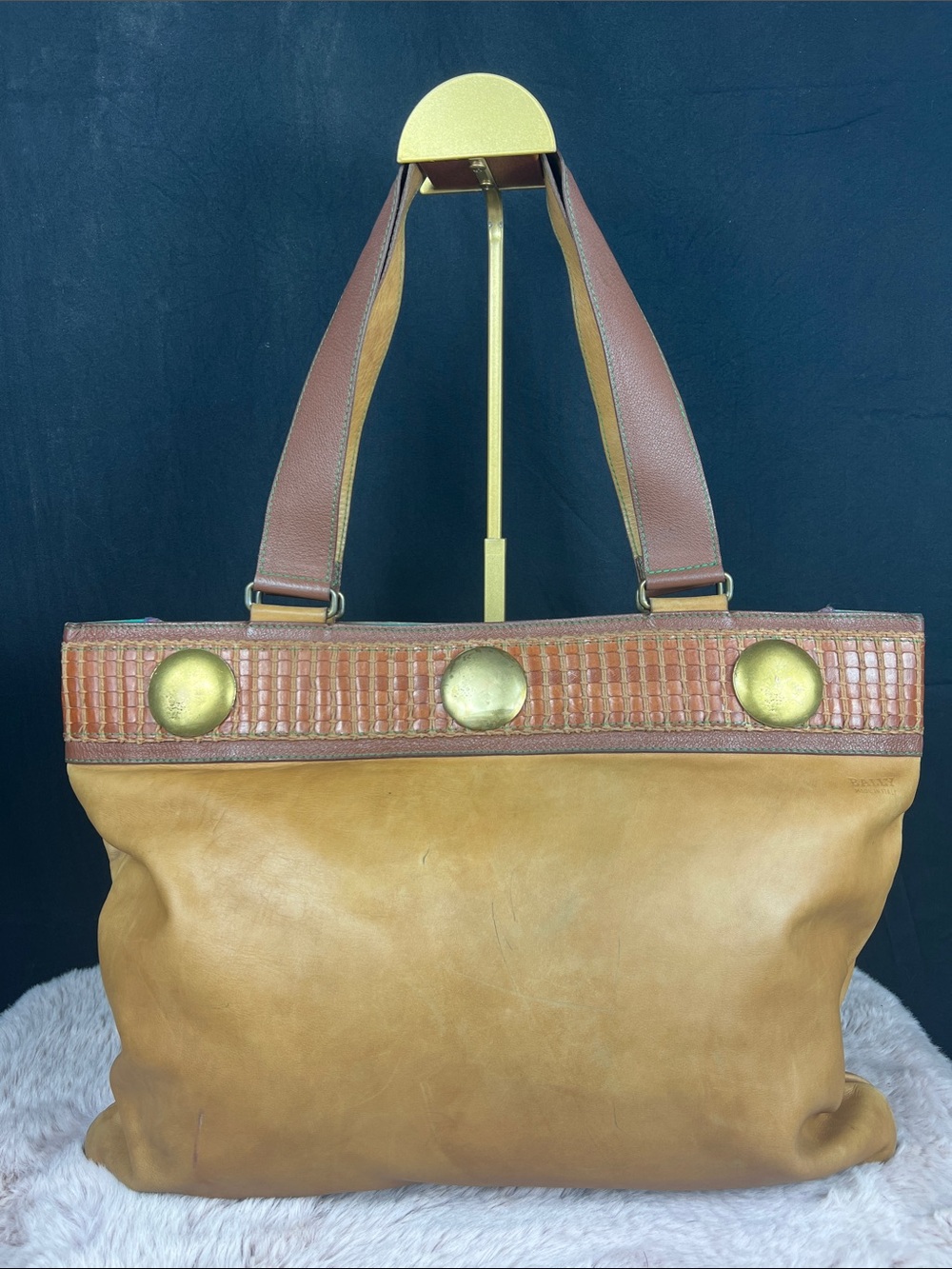 Bally Vintage 1970s–80s Calfskin Leather Shoulder Tote Woven Accent